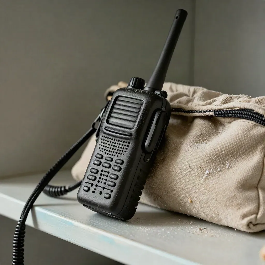 Marine VHF radio on a canvas pouch with a salt-flecked cloth on pale wood