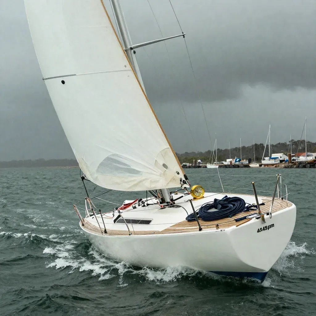 White sloop bow charges through spray with sailing gear and marina fading in storm haze.