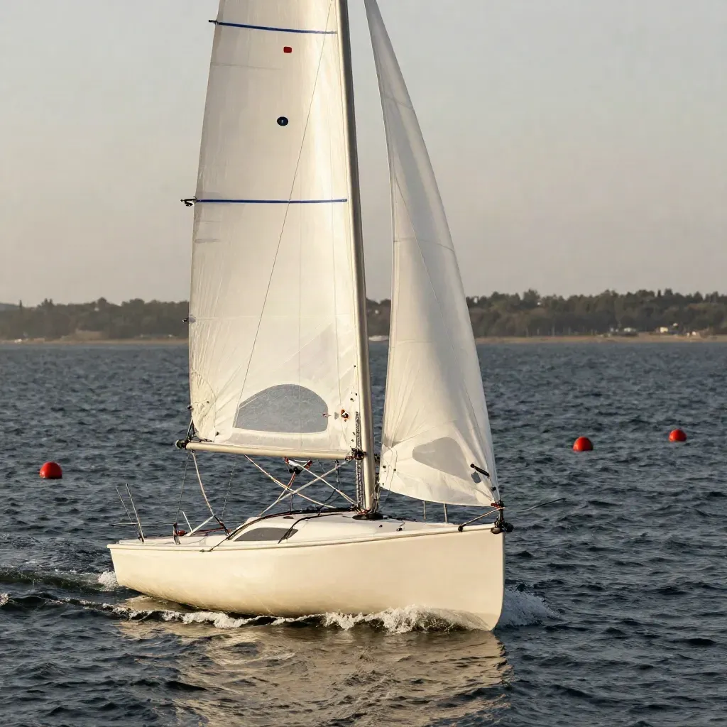 Keelboat tacking through practice buoys with white sail, spray, and a diagonal wake at sunrise.