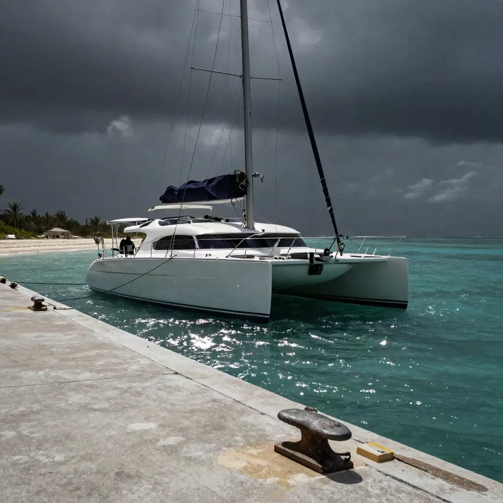 Catamaran rocking beside a turquoise cay with a tender astern and rigging taut in midday breeze