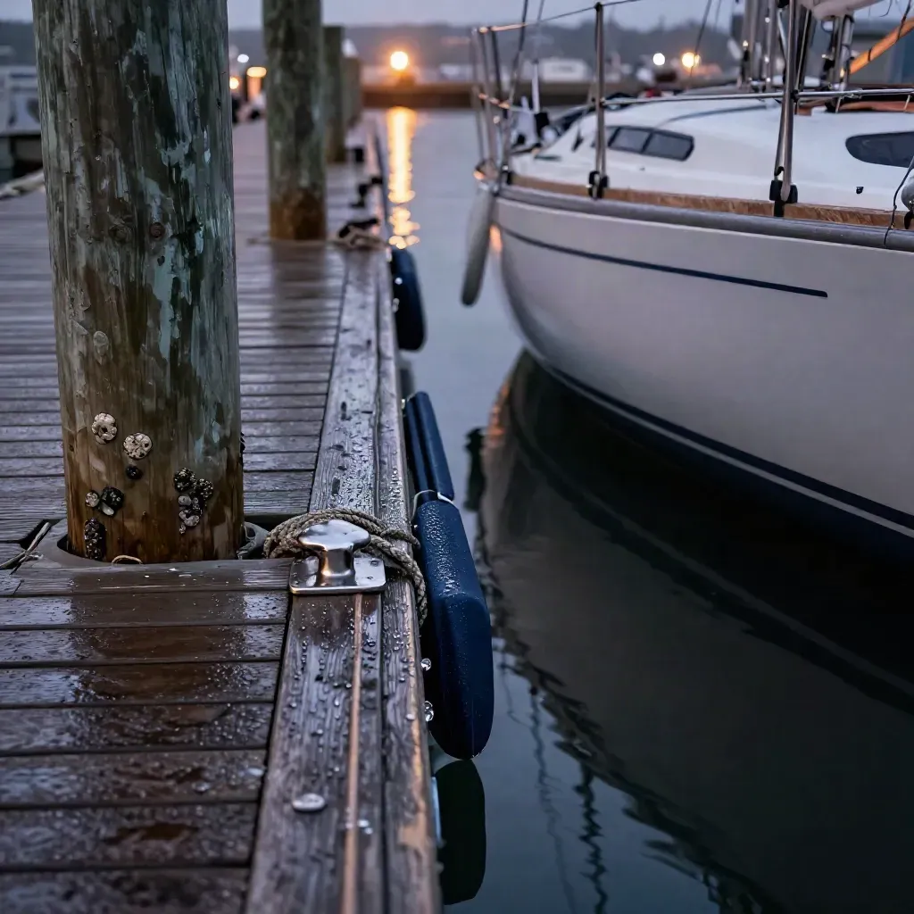 Sailboat easing into a marina slip beside pilings, wet lines and blue-hour reflections.