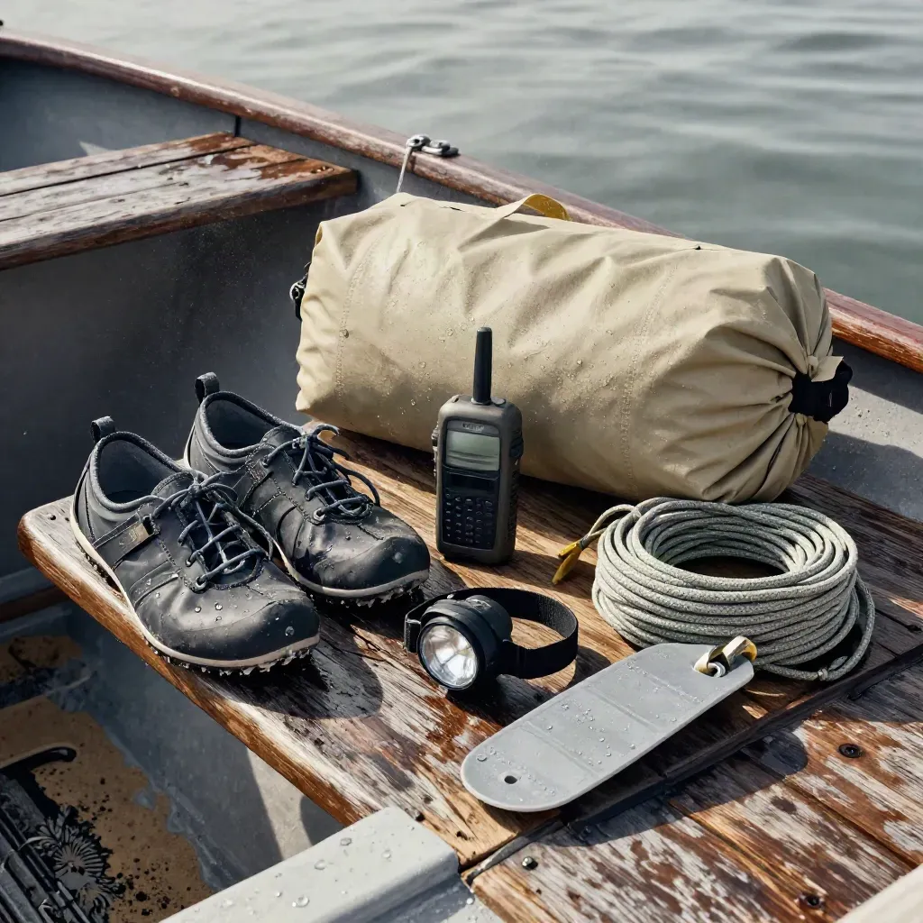 Wet sailing kit on a stern bench: shoes, dry bag, VHF, headlamp, line and fender in hard light.