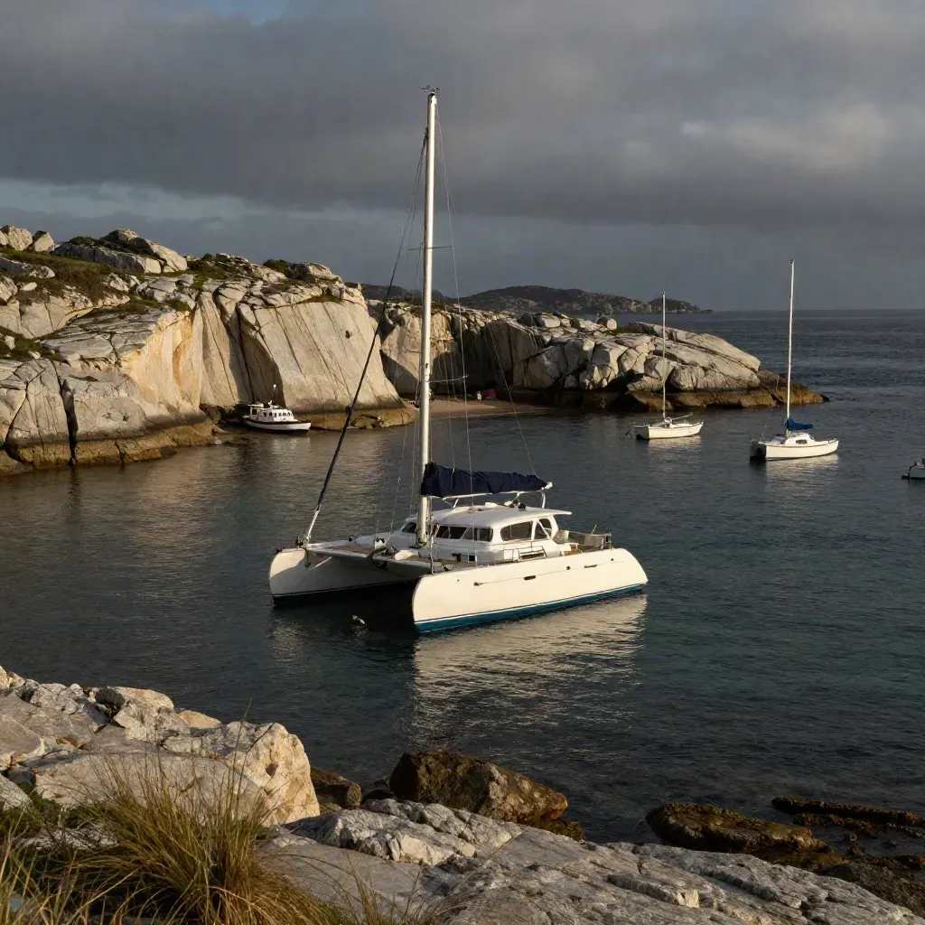 Catamaran anchored in a limestone bay with tender, moored boats, and dramatic clouds.