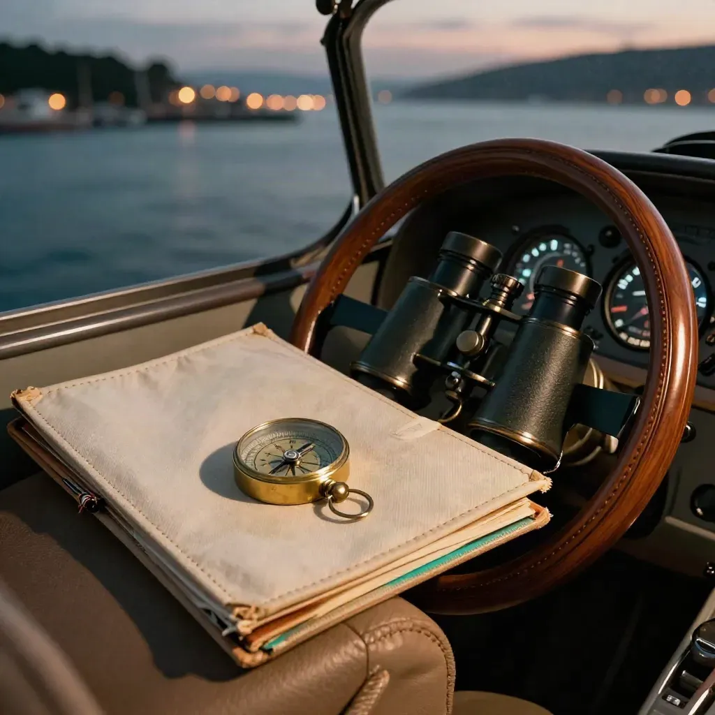 Cockpit helm with chart folder, brass compass, binoculars, fuel can, and blurred harbor lights at dusk.