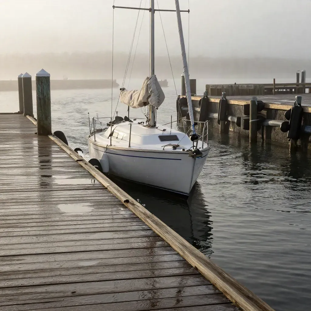White sailboat easing into a foggy marina entrance at dawn between weathered pilings.