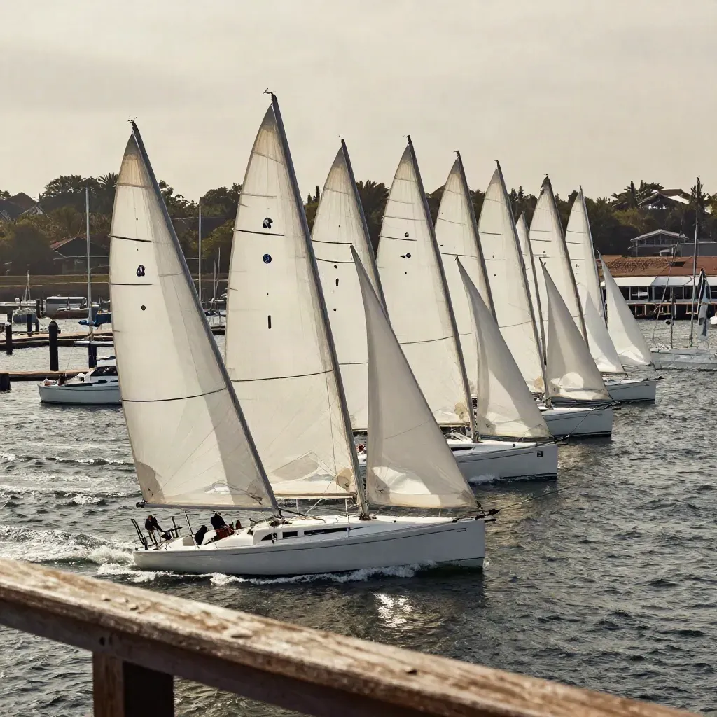 Race-start harbor with white-sailed boats, committee boat and spectator docks under bright sun.