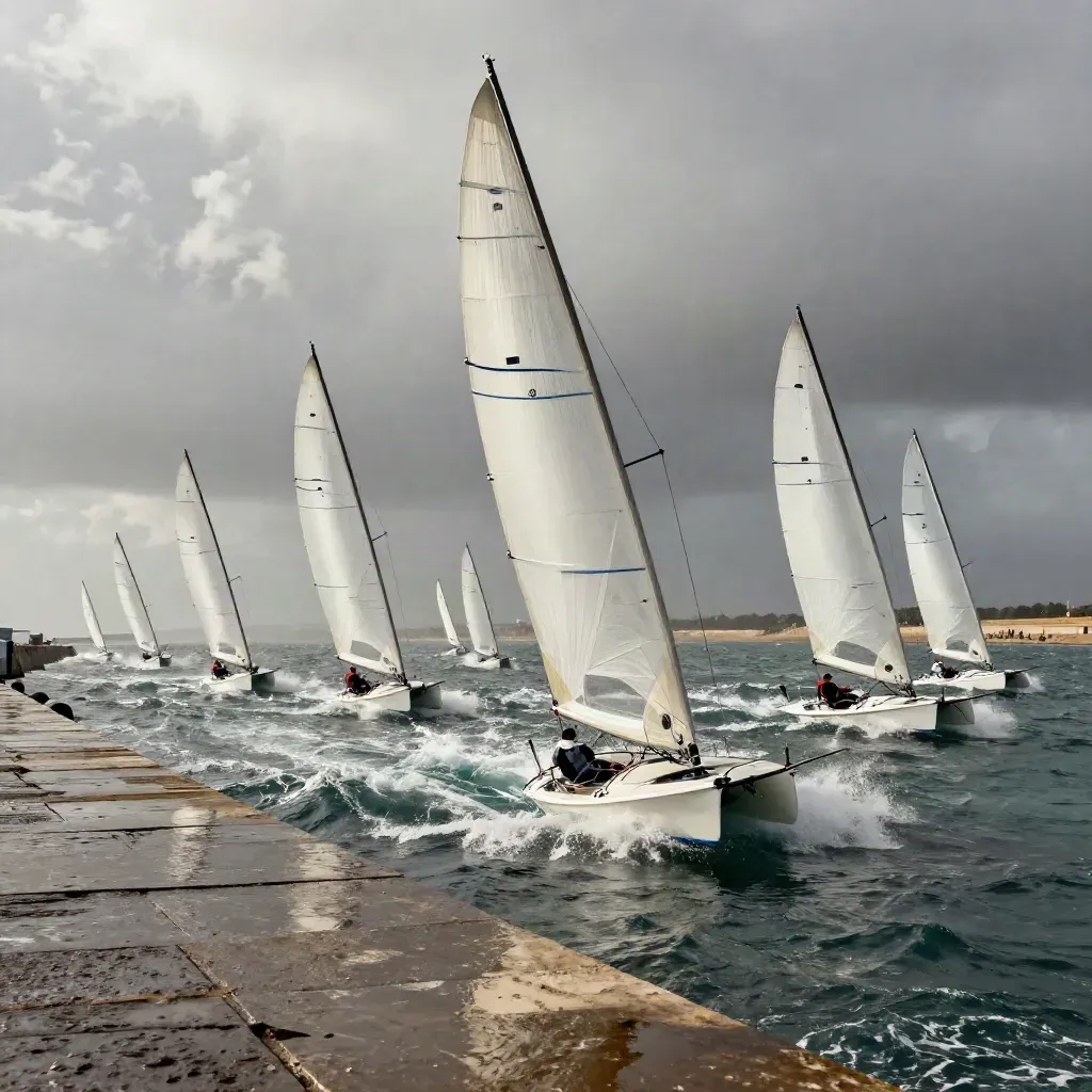 Fleet of racing sailboats rounding a mark beside a spectator boat, seen from a harbor wall.