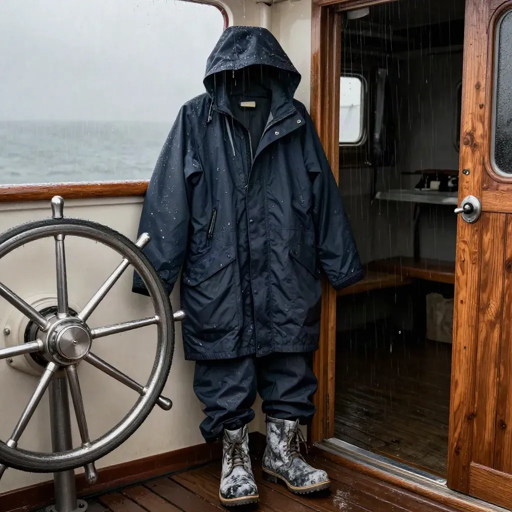 Rain-soaked foul-weather jacket, spray pants and deck boots hanging by a boat helm in a dark cabin.