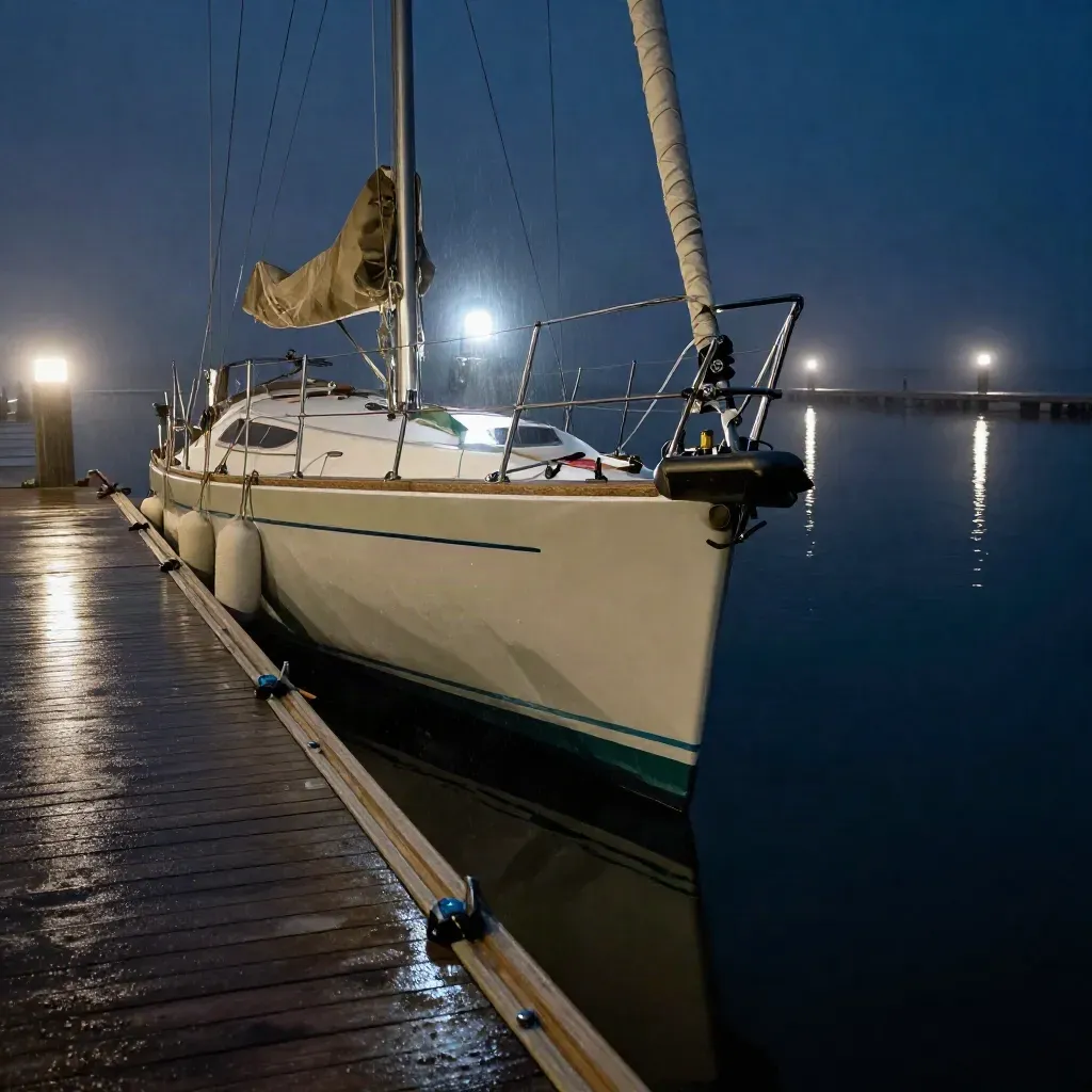 Sailboat stern sliding into a lit marina berth at night, reflections, lines, and mist