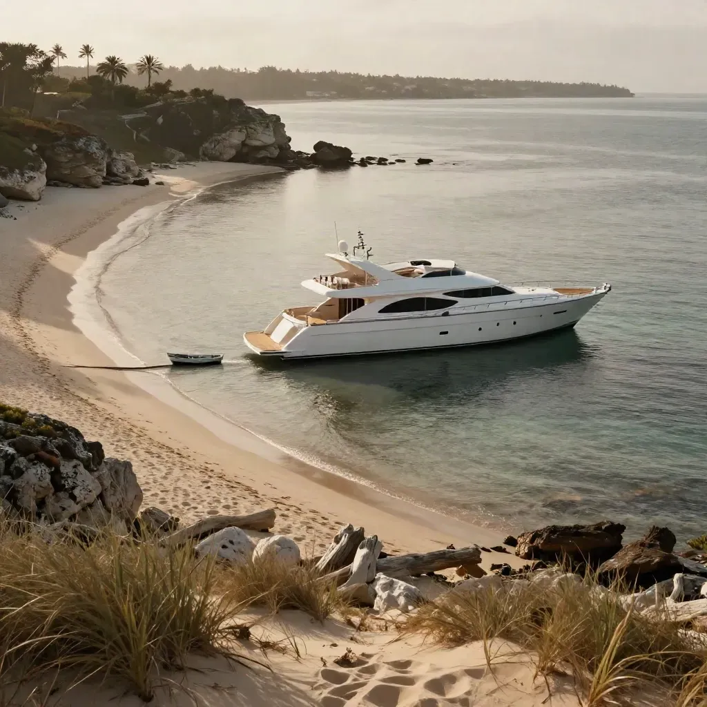 Charter yacht anchored by a quiet island beach with a dinghy and palms