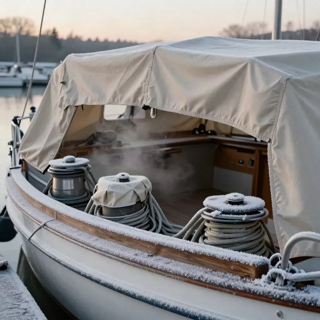 Frosted sailboat cockpit at dawn with wrapped winches, coiled lines and canvas helm cover.