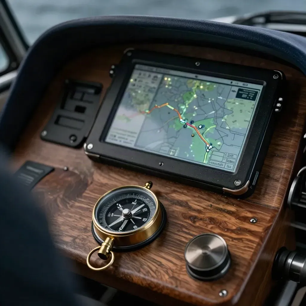 Cockpit compass and angled navigation tablet glowing under a wheel guard at night.