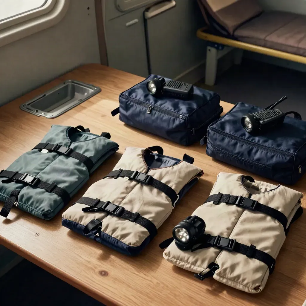 Overhead macro of life jackets, headlamps, radio, and duffels lined up by a companionway