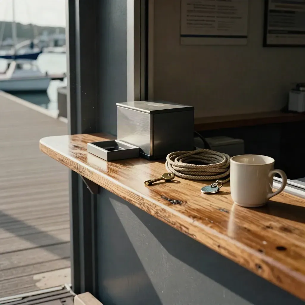 Marina check-in counter with brass berth key, coin tray and payment box in warm light