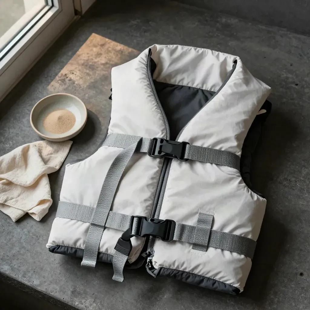 Folded marine life jacket with whistle, dish and linen cloth on concrete