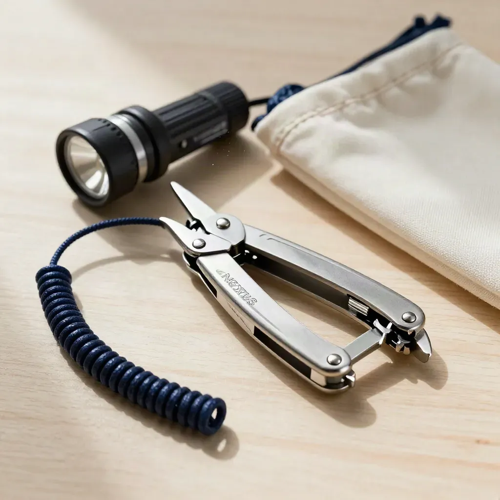 Marine multitool, headlamp, and lanyard on pale wood in a premium still life.