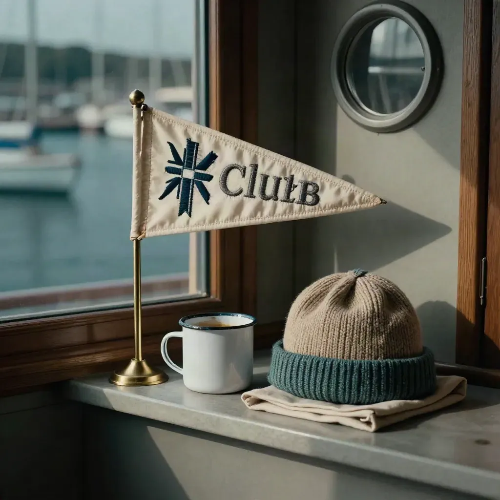 Burgee pennant, enamel mug, and knit cap in a quiet marina club nook.
